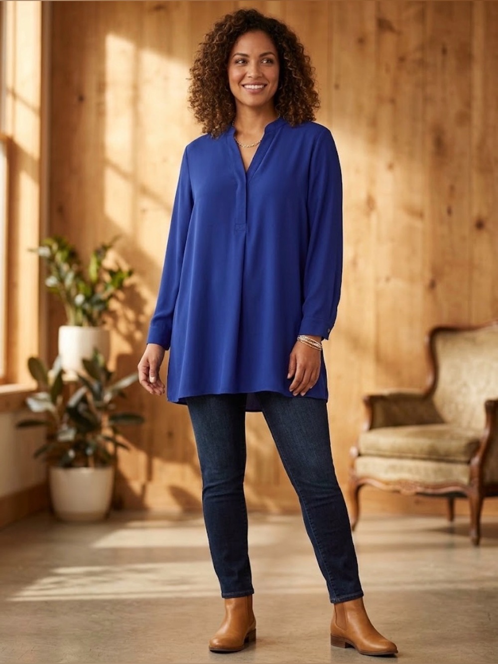 Anne Klein Royal Blue Tunic Blouse- split Neck Nehru collar, Long Sleeve sizeX